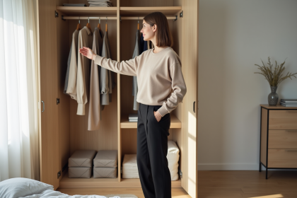 Femme élégante devant une garde-robe organisée et minimaliste