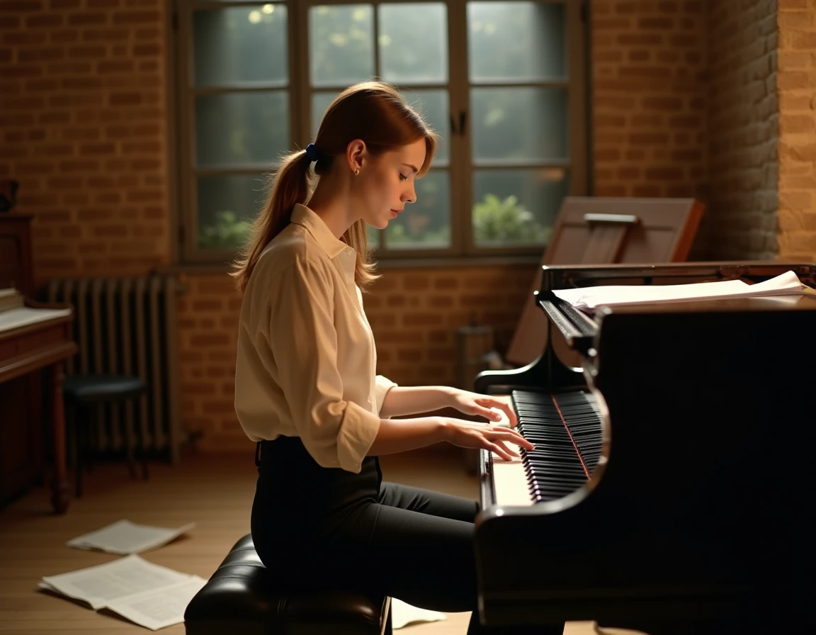 Pianiste concentrée dans une salle de répétition aux murs de briques, ambiance intimiste rappelant la création musicale de Zaho de Sagazan